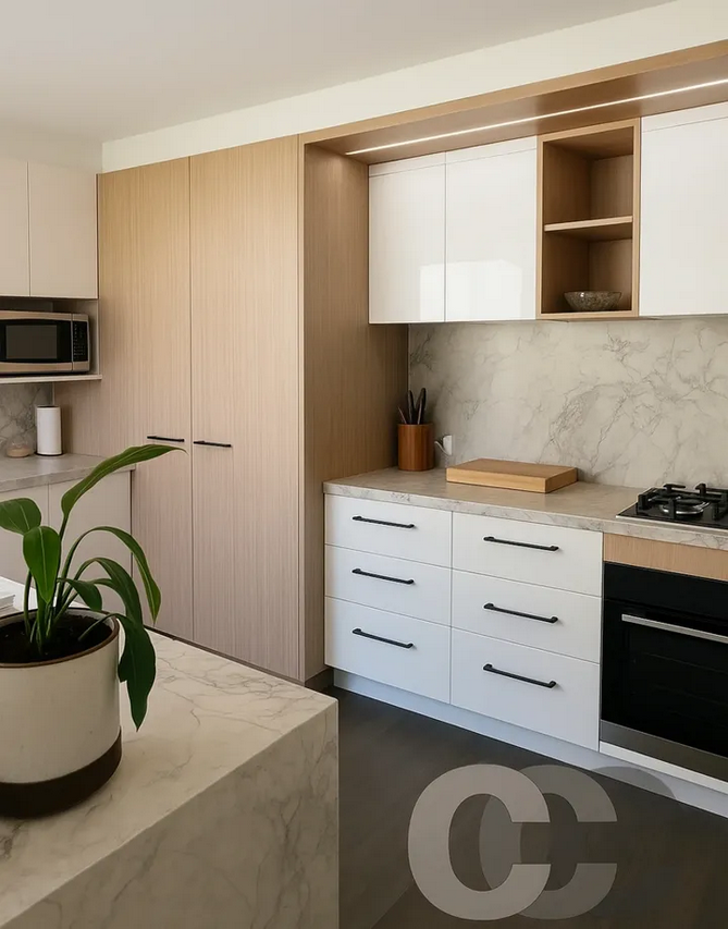 Chris Caruso Creations Adelaide cabinetry — warm neutral kitchen