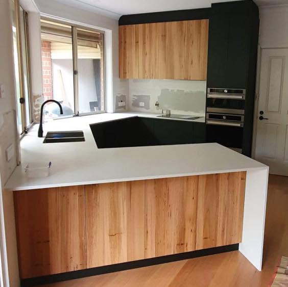 Custom black and timber kitchen with pendant lights - Chris Caruso Creations Adelaide